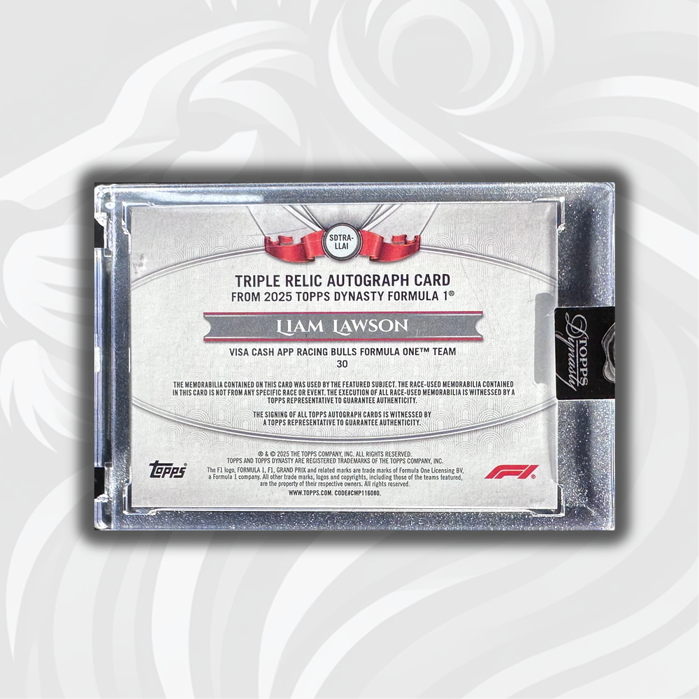 3/5 Liam Lawson - Triple Relic Autograph - 2025 Topps Dynasty Formula 1 - Back