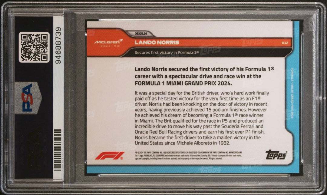 PSA 10 - 07/10 Lando Norris #12 - Black - First Victory - 2024 Topps Now