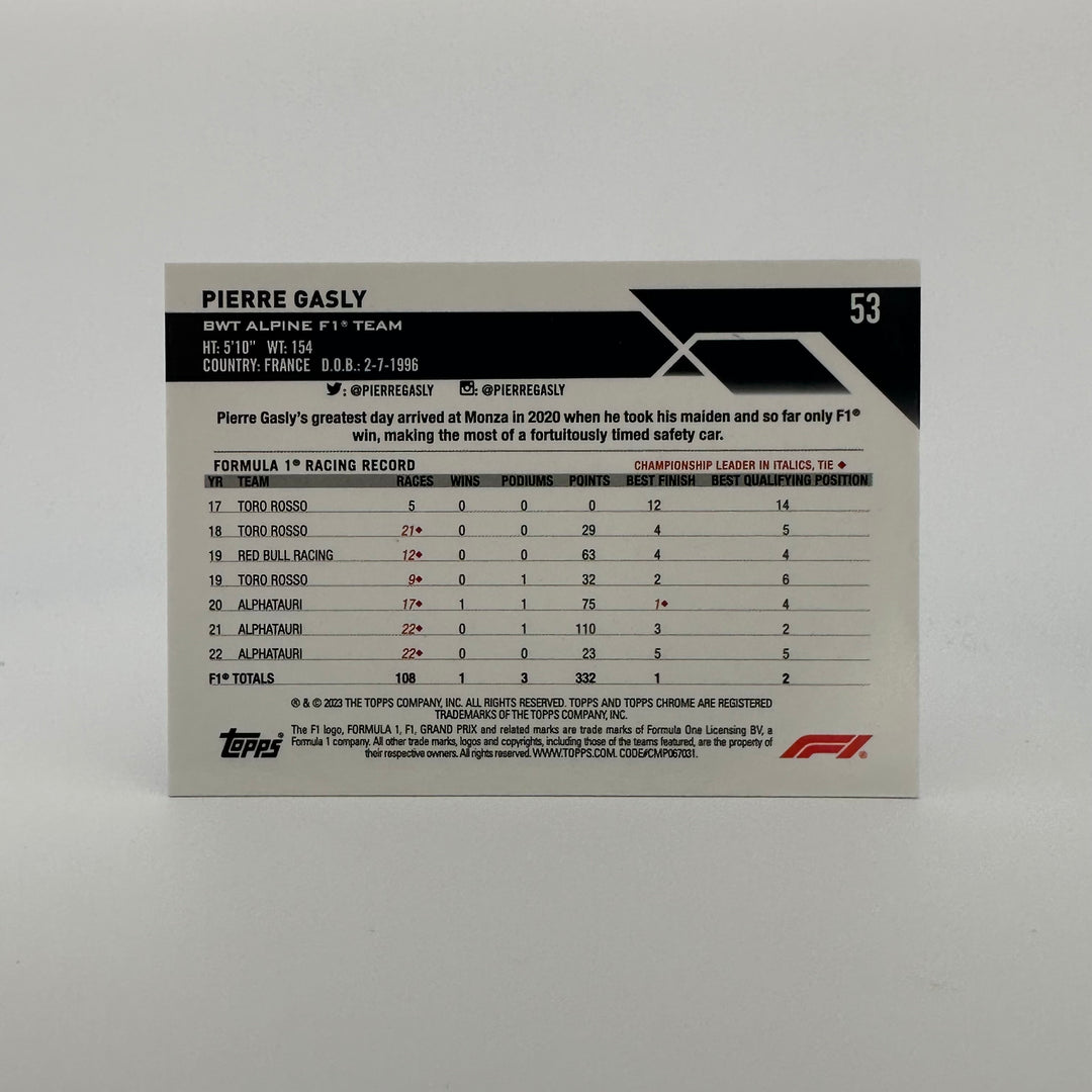 PSA 9 - 10/10 Purple - Pierre Gasly #53 - 2023 Topps Chrome Sapphire