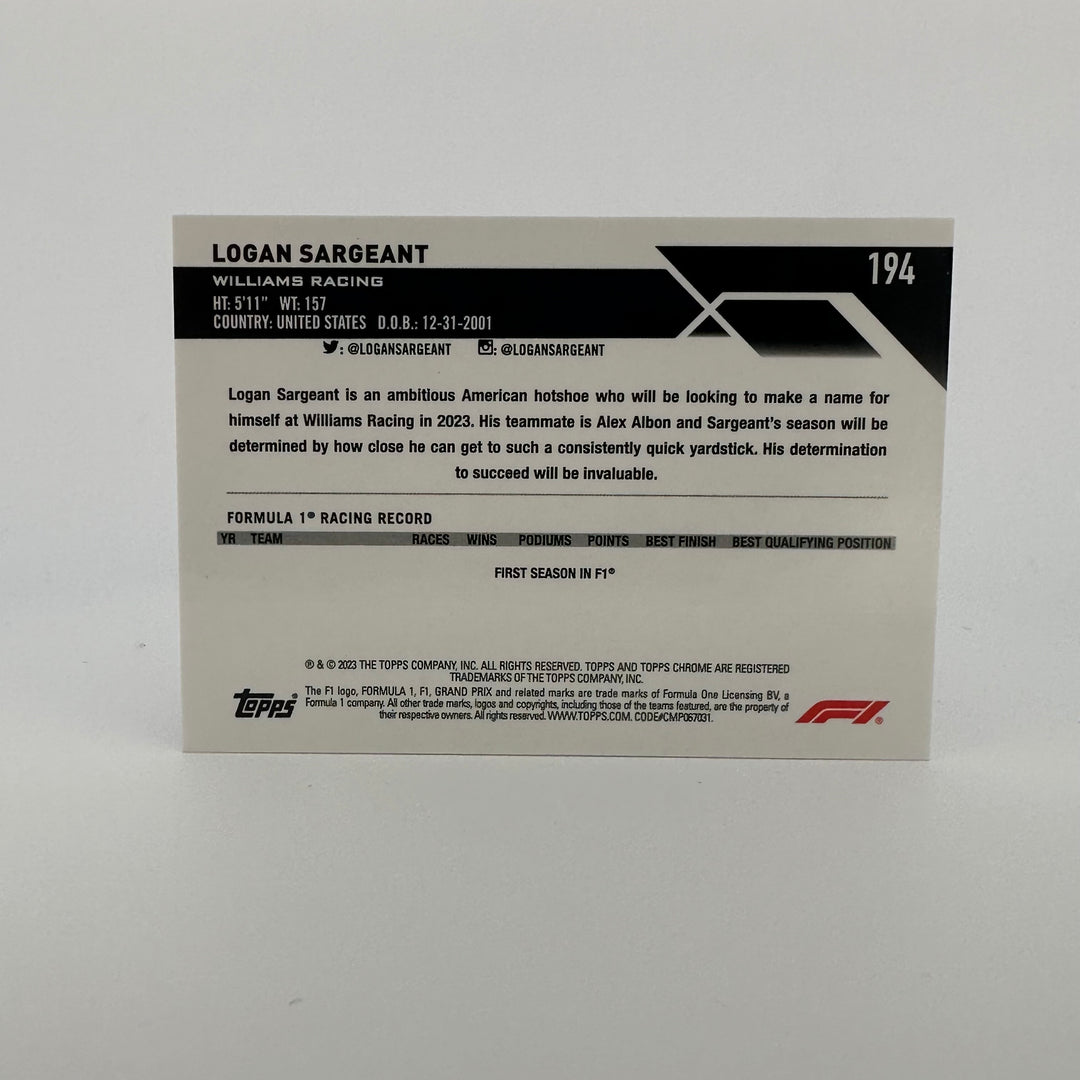 PSA 10 - 03/10 Purple - Logan Sargeant #194 - 2023 Topps Chrome Sapphire