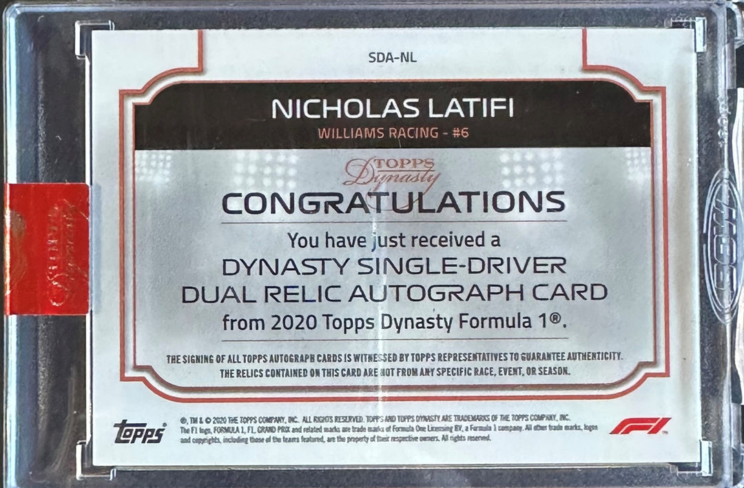 10/10 Silver - Nicholas Latifi #SDA-NL - 2020 Dynasty - Single Driver - Dual Relic Autograph