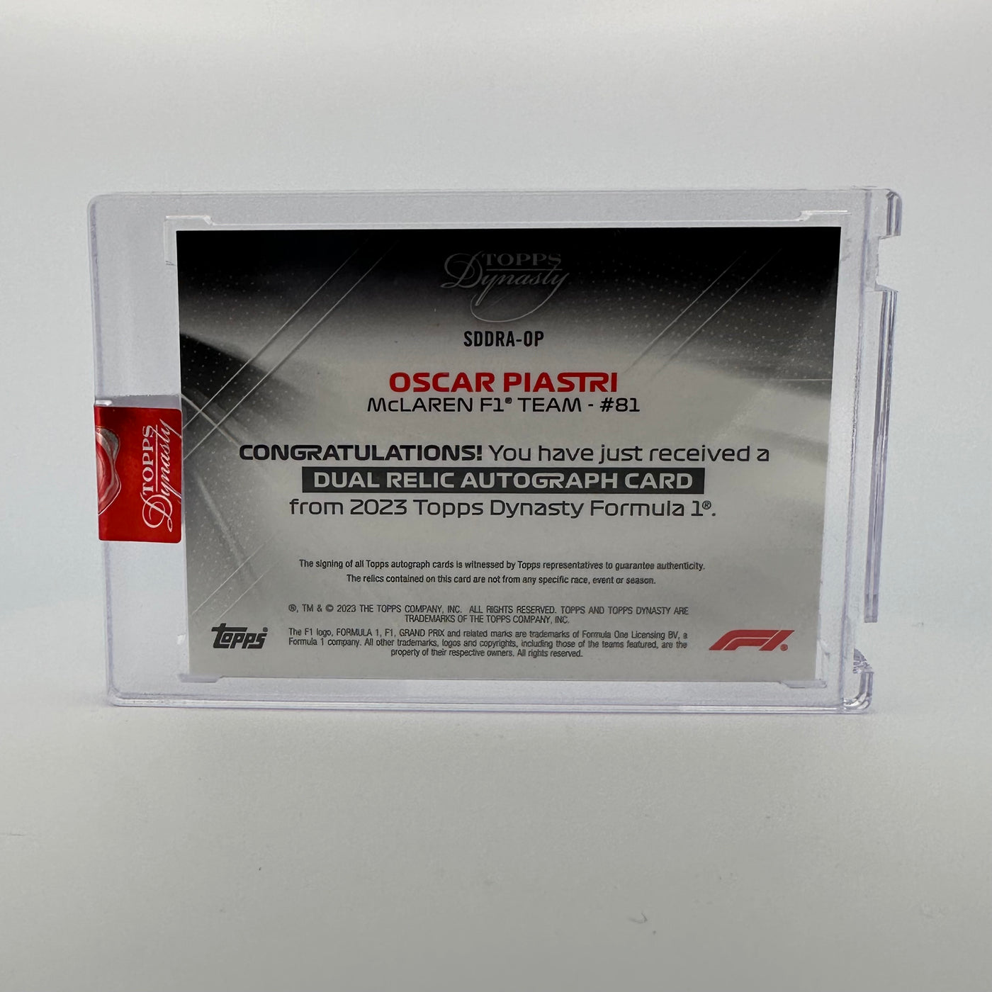 4/5 Red - Oscar Piastri #SDDRA-OP - 2023 Topps Dynasty Dual Relic - Rookie Card