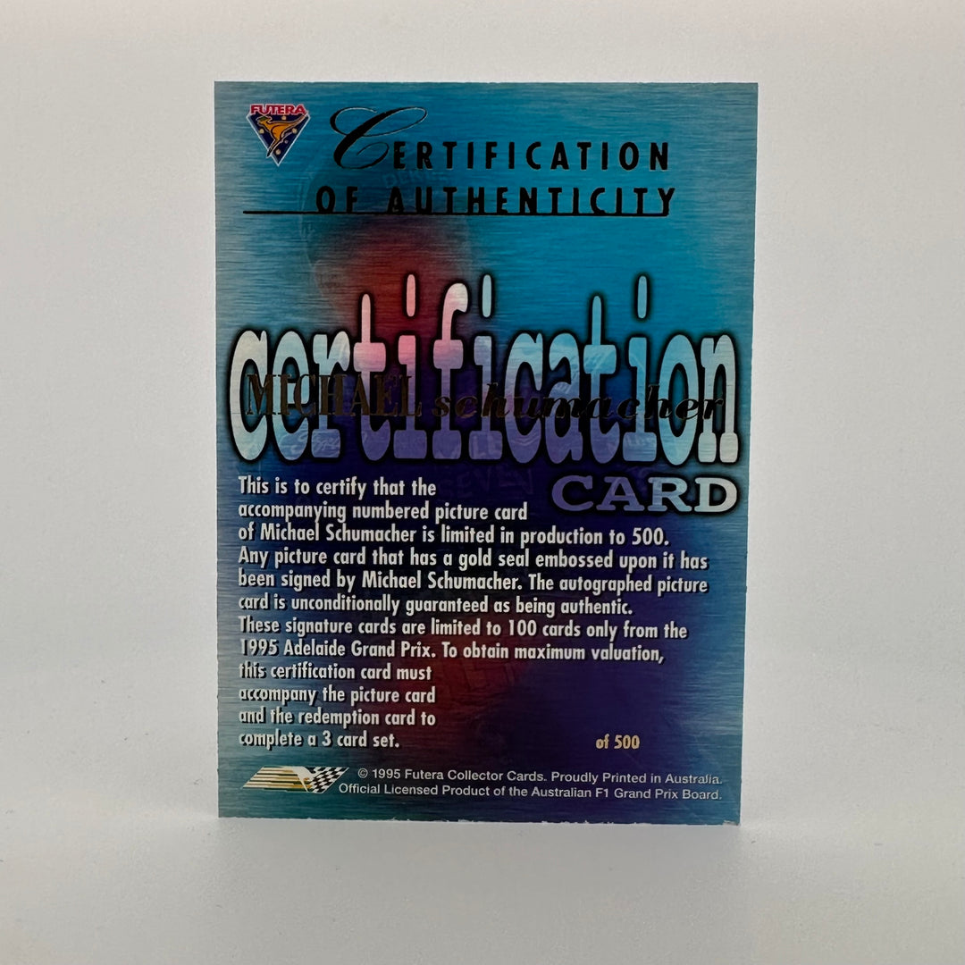 Futera 1995 - Michael Schumacher /500 - 1st World Championship + Certification Card