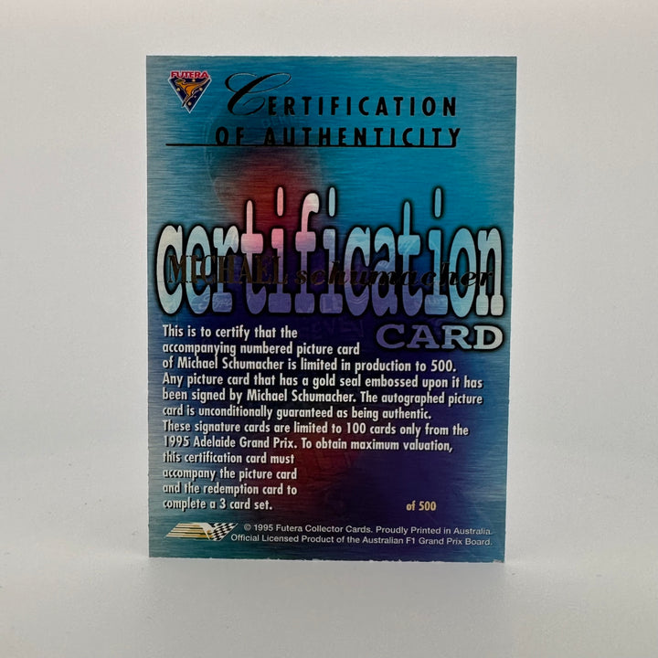 Futera 1995 - Michael Schumacher /500 - 1st World Championship + Certification Card