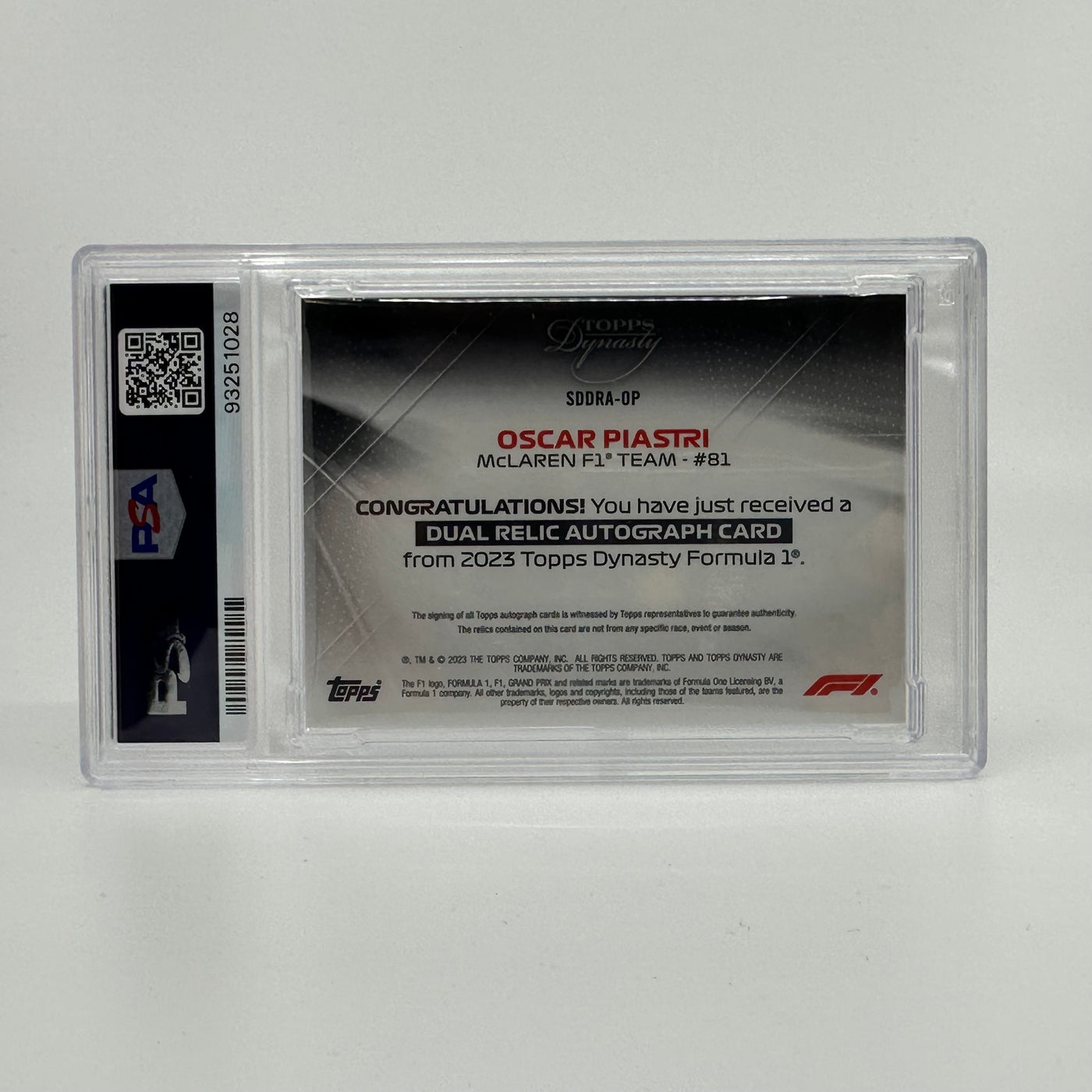 1/5 Red - Oscar Piastri #SDDRA-OP - 2023 Topps Dynasty Dual Relic - Rookie Card
