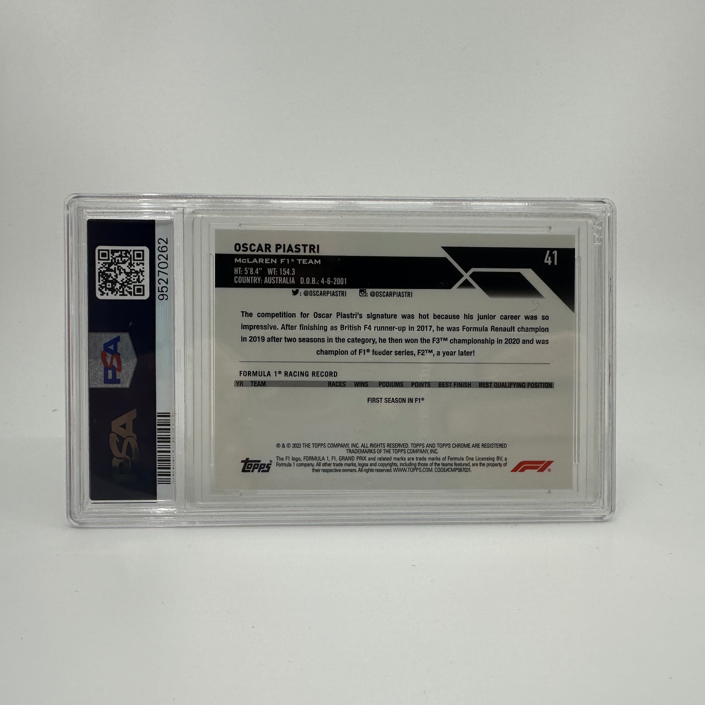 PSA 8 - 07/15 Oscar Piastri #41 - Black & White - Sapphire Edition - 2023 Topps Chrome F1 - Rookie Card