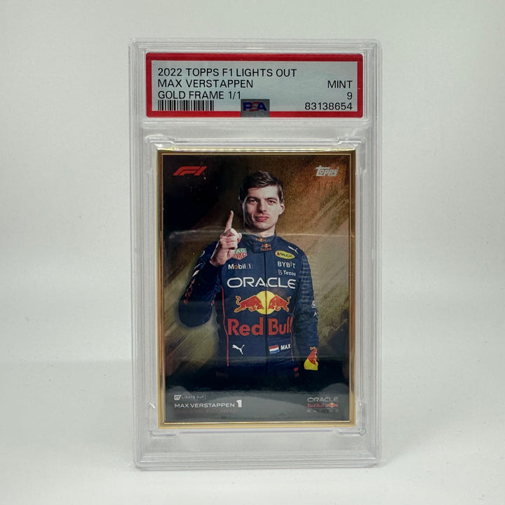 1/1 Gold Frame Red Bull Set - Max Verstappen, Sergio Perez - 2022 Lights Out - PSA9/10