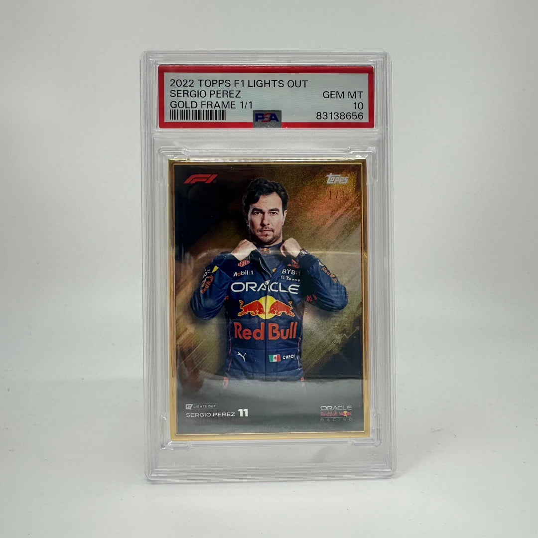 1/1 Gold Frame Red Bull Set - Max Verstappen, Sergio Perez - 2022 Lights Out - PSA9/10