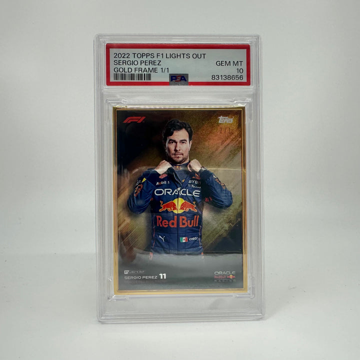 1/1 Gold Frame Red Bull Set - Max Verstappen, Sergio Perez - 2022 Lights Out - PSA9/10