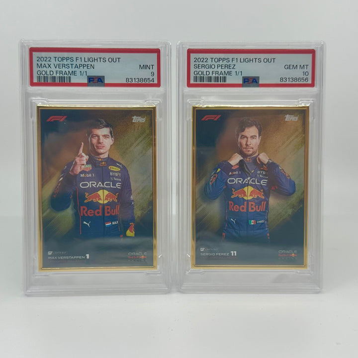 1/1 Gold Frame Red Bull Set - Max Verstappen, Sergio Perez - 2022 Lights Out - PSA9/10