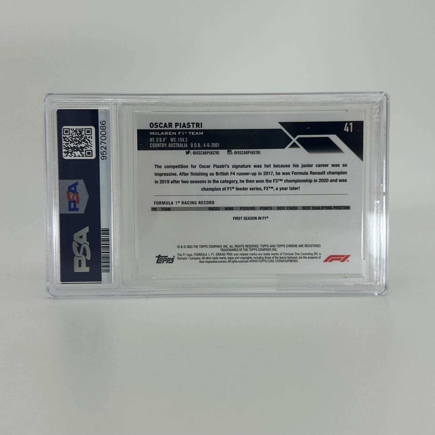 PSA 9 - 83/99 Oscar Piastri #41 - Aqua - Sapphire Edition - 2023 Topps Chrome F1 - Rookie Card