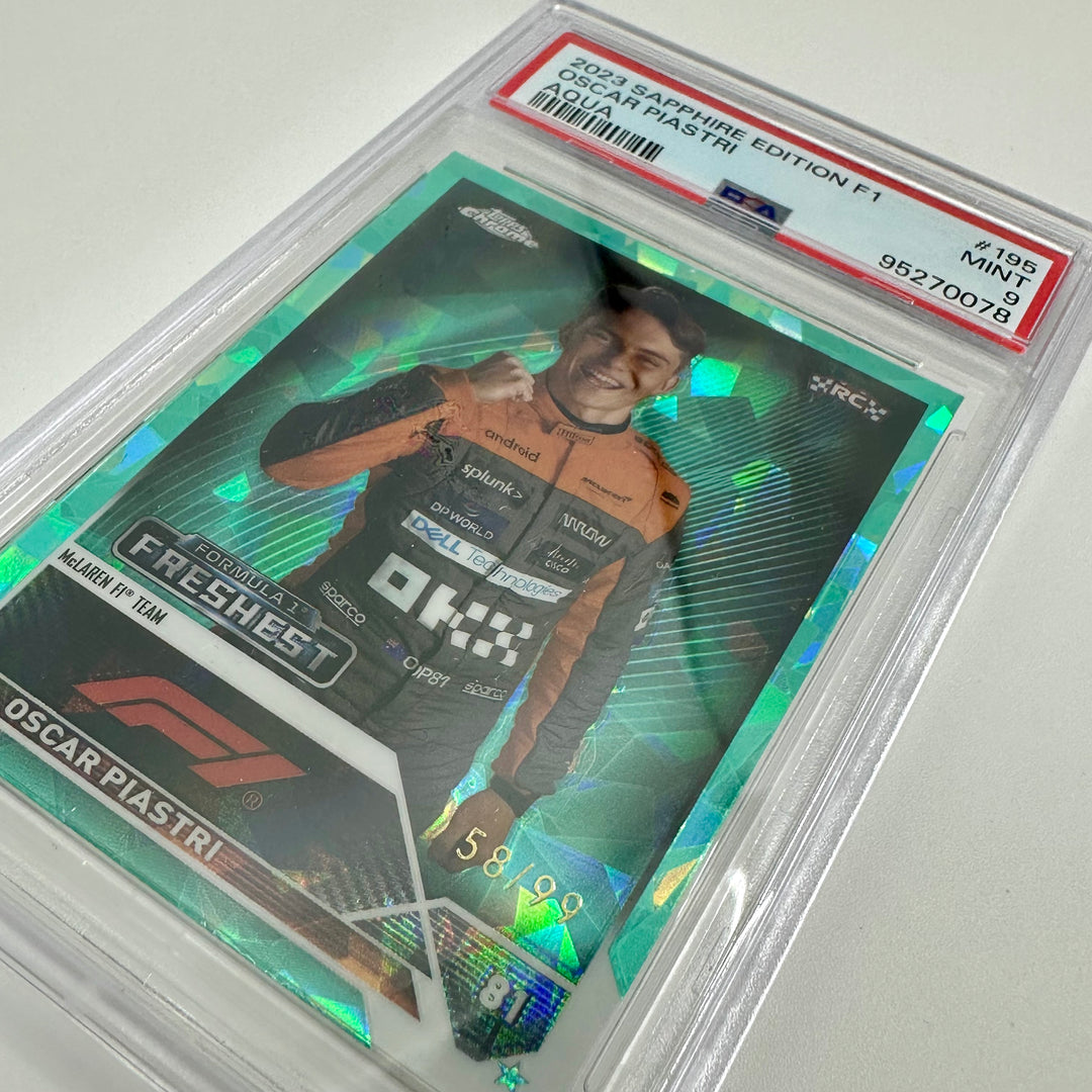 PSA 9 - 58/99 Oscar Piastri #195 - Aqua - Sapphire Edition - 2023 Topps Chrome F1 - Rookie Card