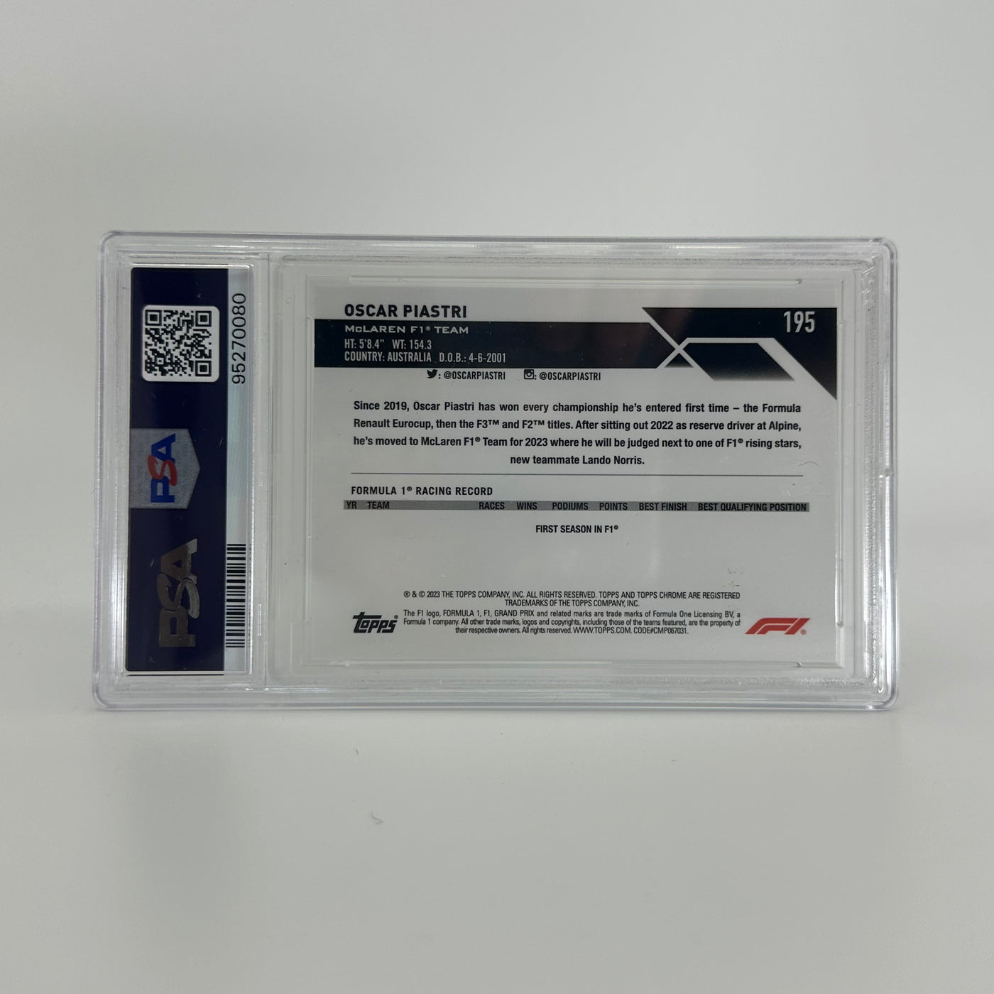 PSA 10 - 40/99 Oscar Piastri #195 - Aqua - Sapphire Edition - 2023 Topps Chrome F1 - Rookie Card