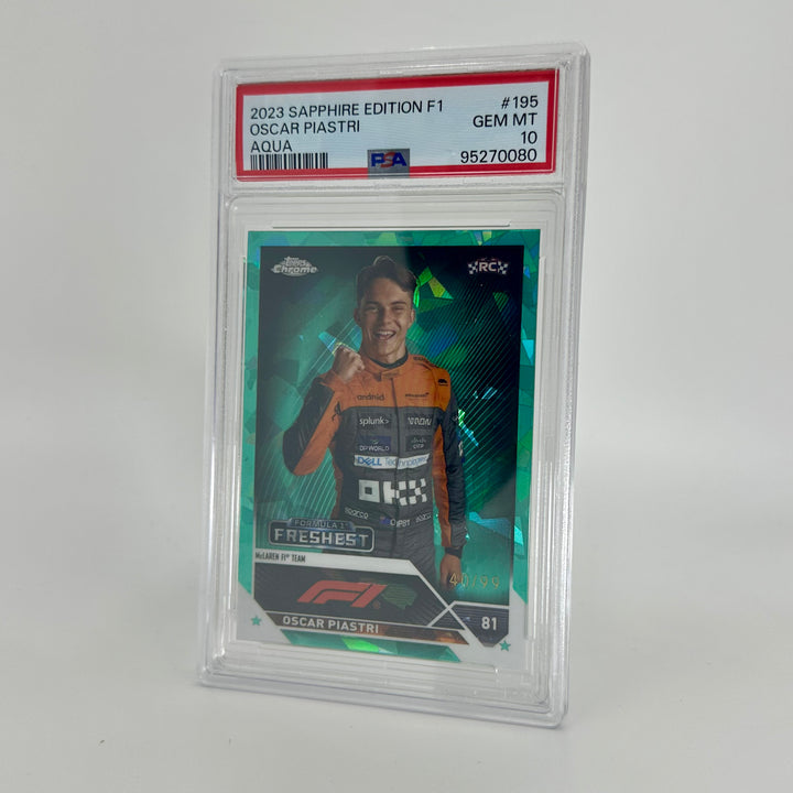 PSA 10 - 40/99 Oscar Piastri #195 - Aqua - Sapphire Edition - 2023 Topps Chrome F1 - Rookie Card