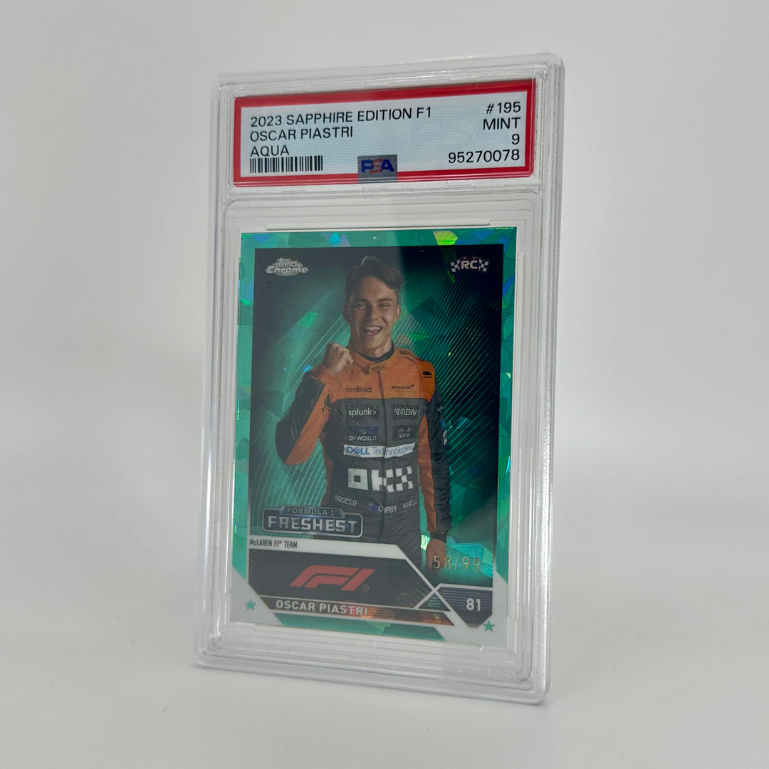PSA 9 - 58/99 Oscar Piastri #195 - Aqua - Sapphire Edition - 2023 Topps Chrome F1 - Rookie Card