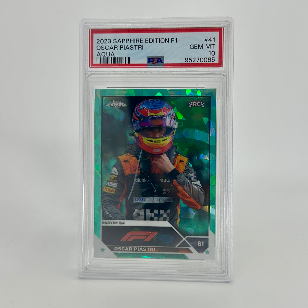 PSA 10 - 77/99 Oscar Piastri #41 - Aqua - Sapphire Edition - 2023 Topps Chrome F1 - Rookie Card