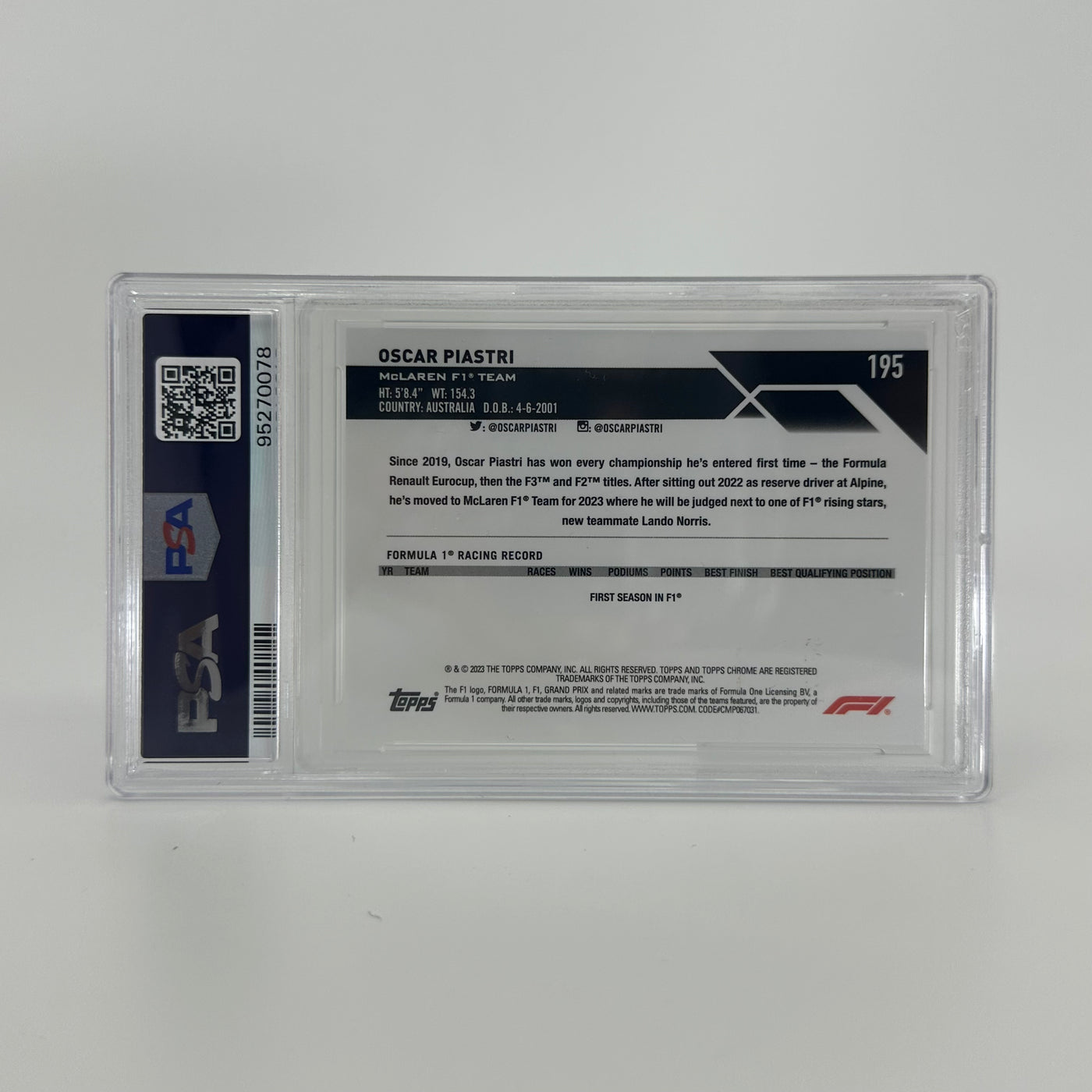 PSA 9 - 58/99 Oscar Piastri #195 - Aqua - Sapphire Edition - 2023 Topps Chrome F1 - Rookie Card