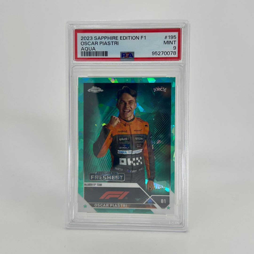 PSA 9 - 58/99 Oscar Piastri #195 - Aqua - Sapphire Edition - 2023 Topps Chrome F1 - Rookie Card