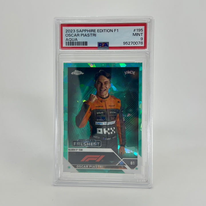 PSA 9 - 58/99 Oscar Piastri #195 - Aqua - Sapphire Edition - 2023 Topps Chrome F1 - Rookie Card