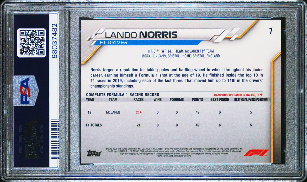 PSA 9 - Lando Norris #7 - 70th Anniversary - Orange - 2020 Topps Chrome F1 - Rookie Card