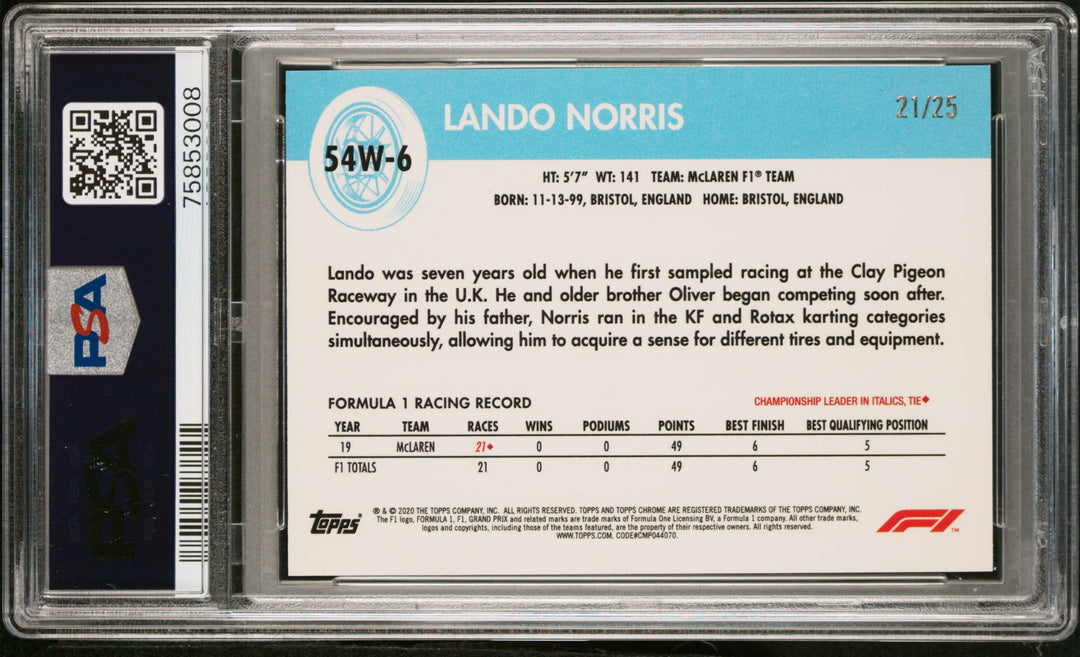 PSA 9 - 21/25 Lando Norris #6 - 54WLD/WHL - 2020 Topps Chrome F1 - Orange - Rookie Card