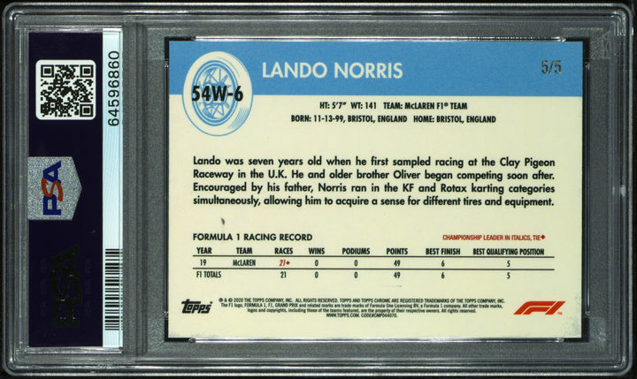 PSA 9 - 5/5 Lando Norris #6 - 54WLD/WHL - 2020 Topps Chrome F1 - Red - Rookie Card