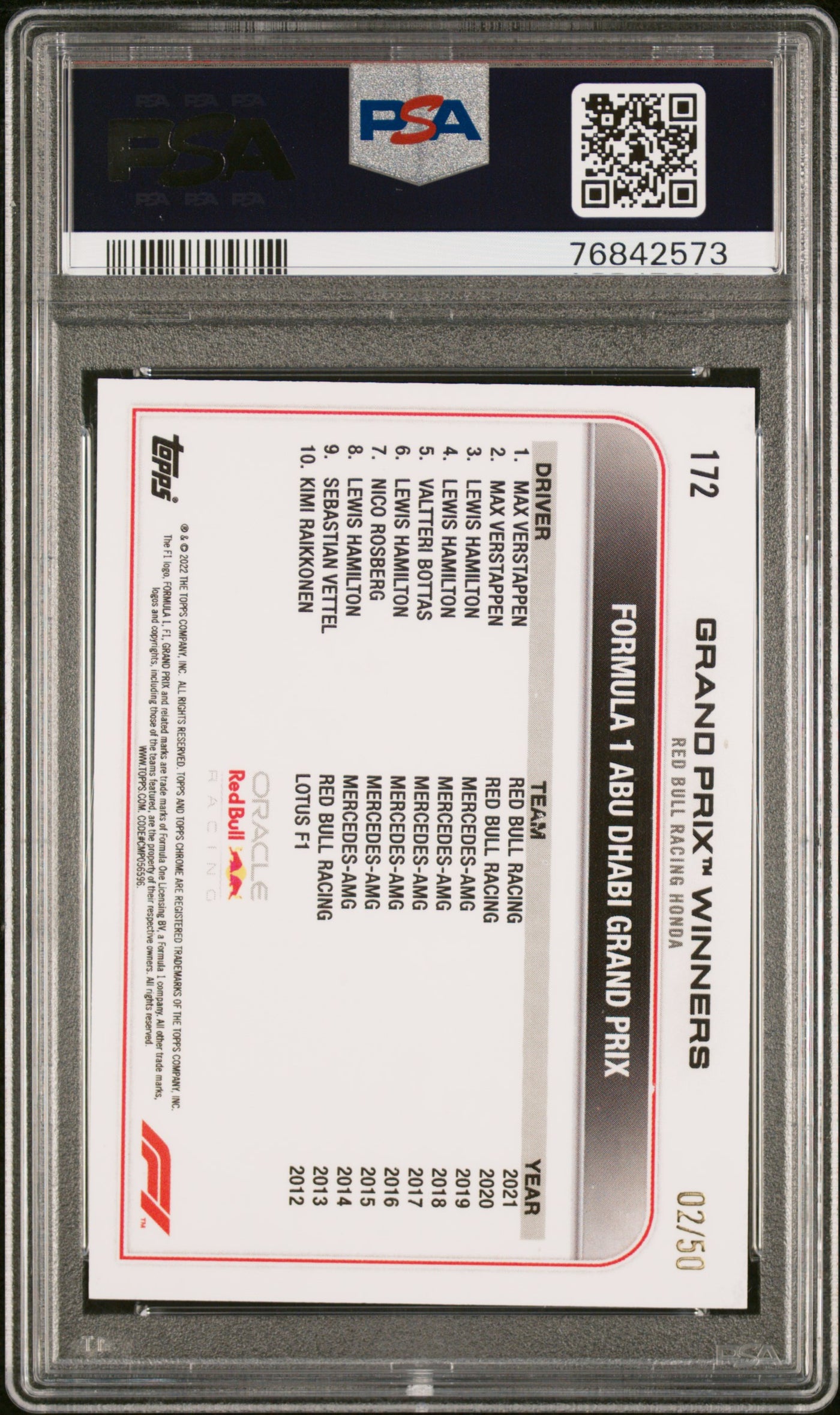 PSA 9 - 02/50 Max Verstappen #172 - Gold Wave Refractor - 2022 Topps Chrome F1
