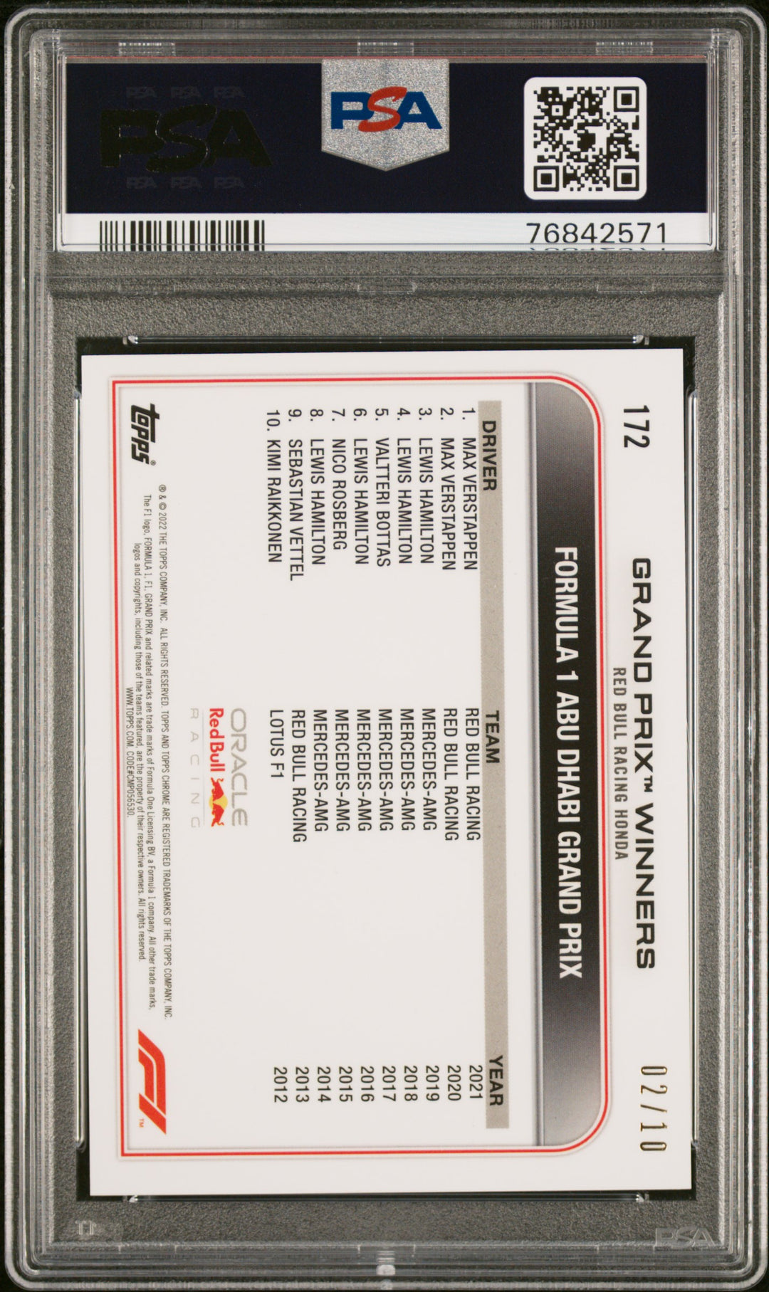 PSA 9 - 02/10 Max Verstappen #172 - Purple - Sapphire - 2022 Topps Chrome F1