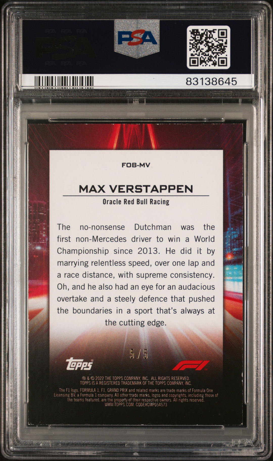 PSA 6 - 5/5 Max Verstappen #FOBMV - Red - 2022 Topps Formula 1