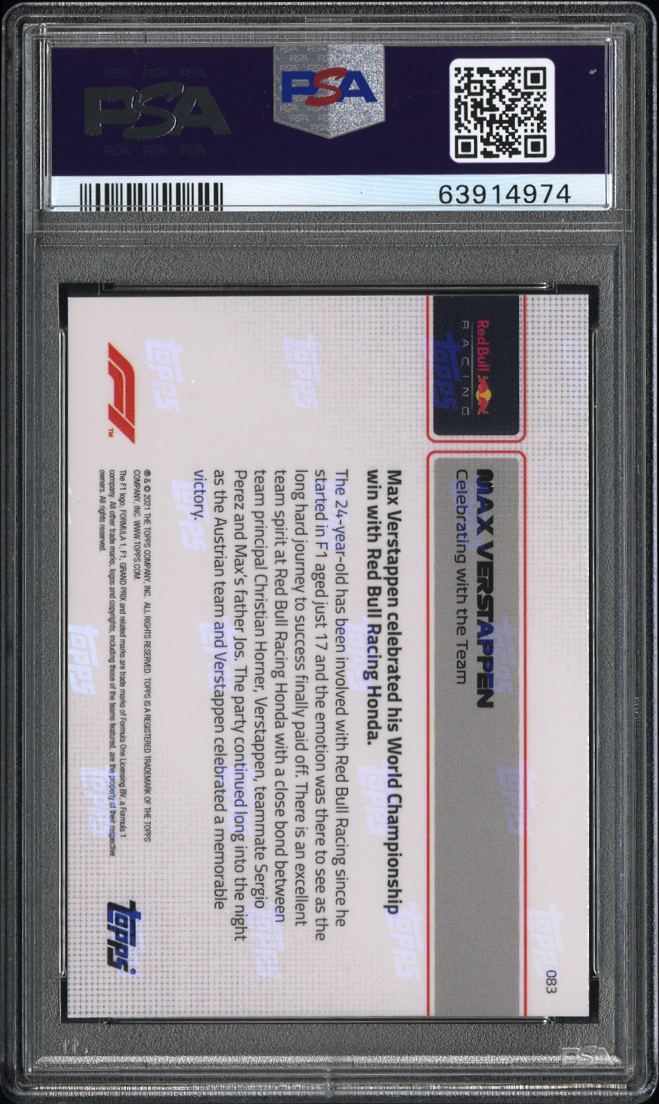 PSA 9 - 02/10 Max Verstappen #83 - Red - 2021 Topps Now F1