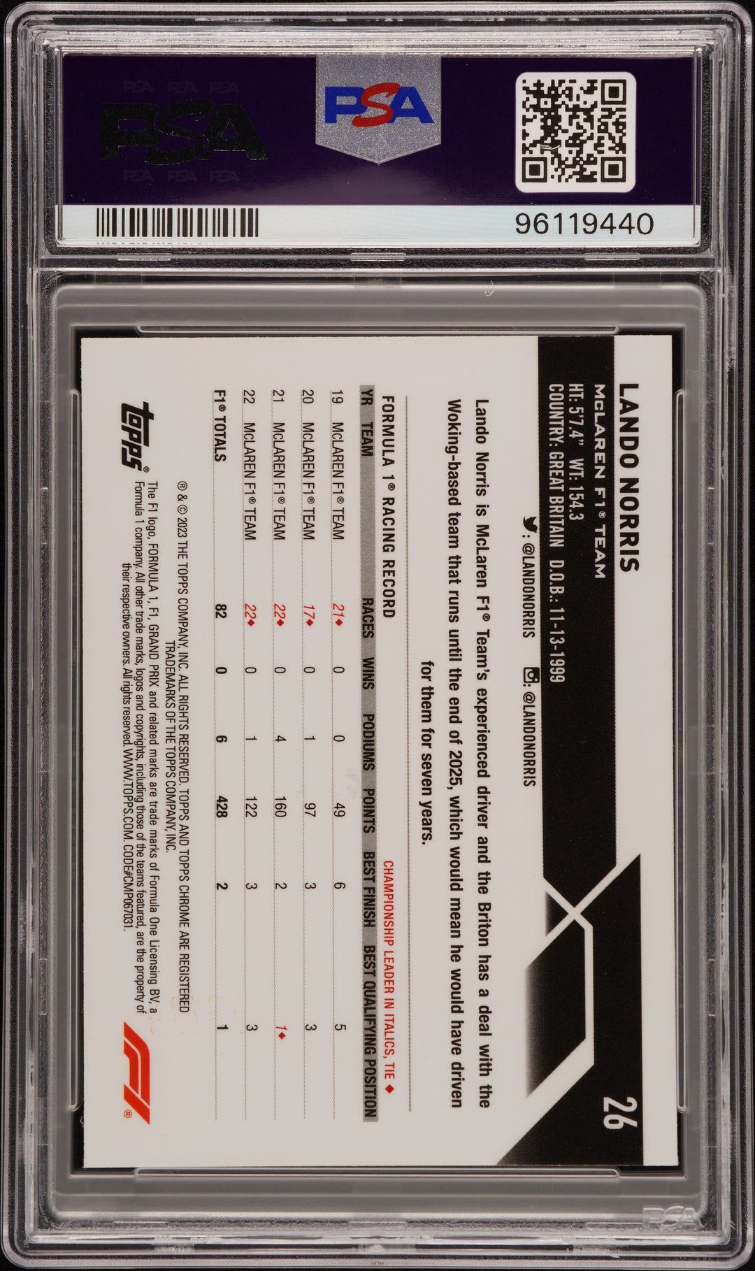 PSA 10 - 09/25 Lando Norris #26 - Orange - Sapphire - 2023 Topps Chrome F1