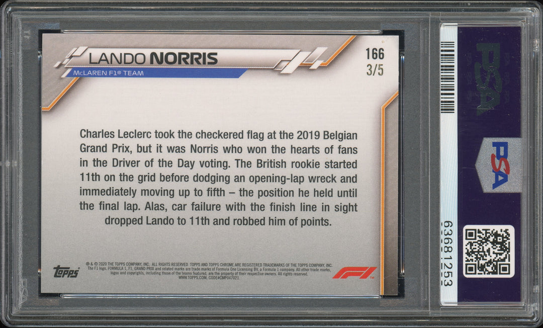 PSA 9 - 3/5 Lando  Norris #166 - Sapphire - Red - 2020 Topps Chrome F1