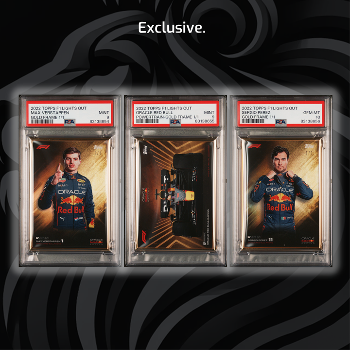 1/1 Gold Frame Red Bull Set - Max Verstappen, Sergio Perez - 2022 Lights Out - PSA9/10