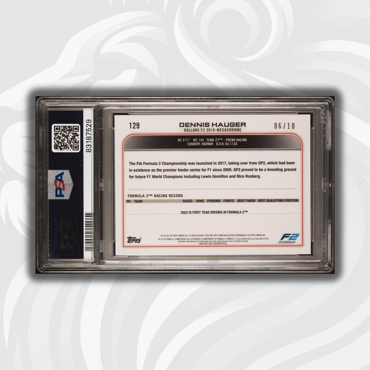 PSA 8 - 06/10 Dennis Hauger #129 - Sapphire Purple - 2022 Topps Chrome F1