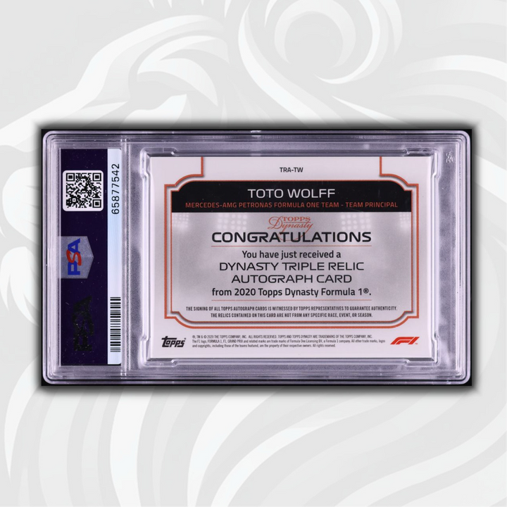 PSA 8 - 01/10 Toto Wolff #TRA-TW - Triple Relic Autograph - 2020 Topps Dynasty Formula 1