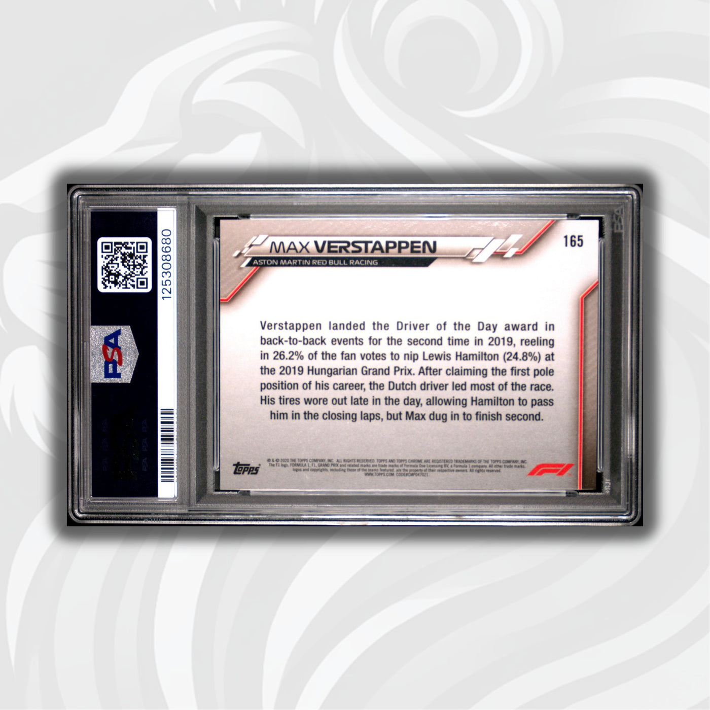 PSA 9 - Max Verstappen #165 - 2020 Topps Chrome F1 Sapphire Edition - Grand Prix - Driver of the Day Hungary
