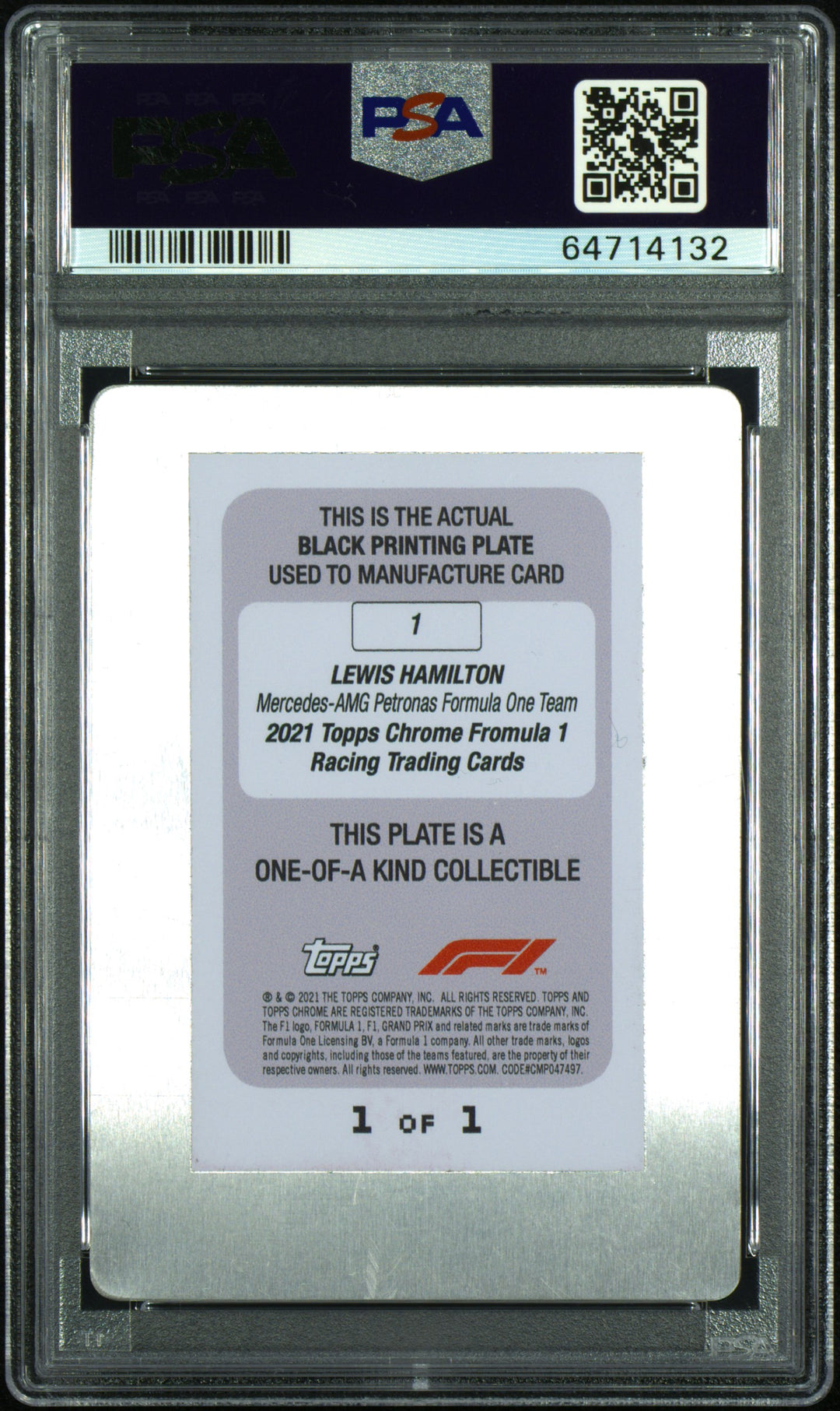 1/1 Black Printing Plate - Lewis Hamilton #1 - 2021 Topps Chrome F1