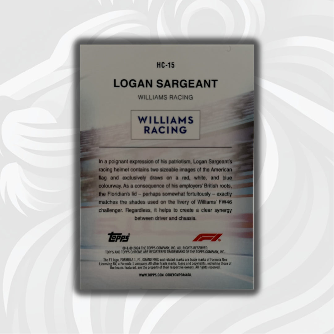 44/50 Logan Sargeant #HC-15 - 2024 Topps Chrome F1 - Helmet Collection Gold Refractor
