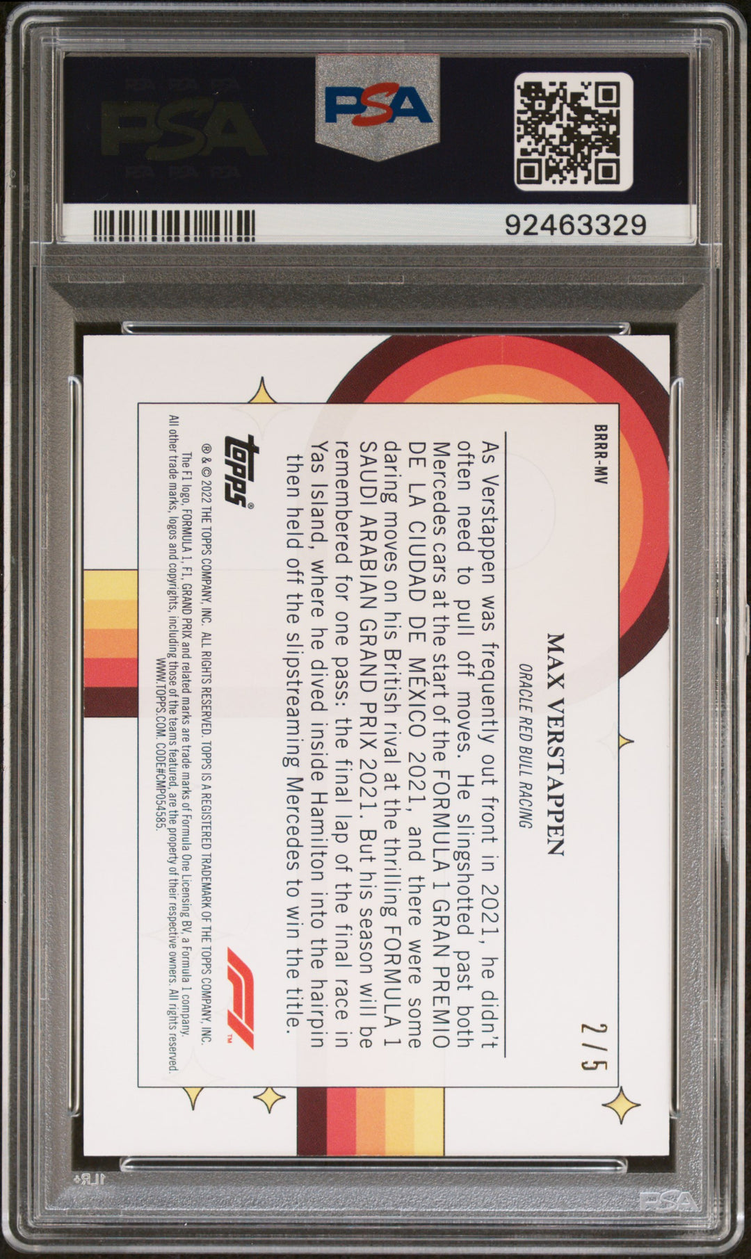 PSA 9 - 2/5 Max Verstappen #BRRRMV - Red - 2022 Topps Formula 1