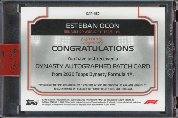 /10  Esteban Ocon #DAP-IIEC - Auto Patch - 2020 Topps Dynasty F1