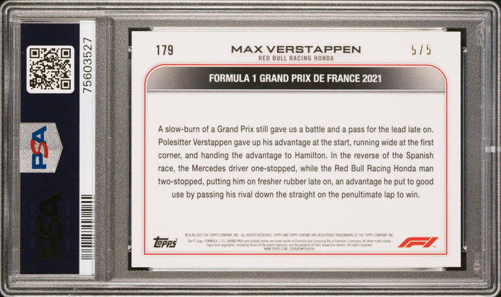 PSA 9 - /5 Max Verstappen #179 - Sapphire - Red - 2022 Topps Chrome F1