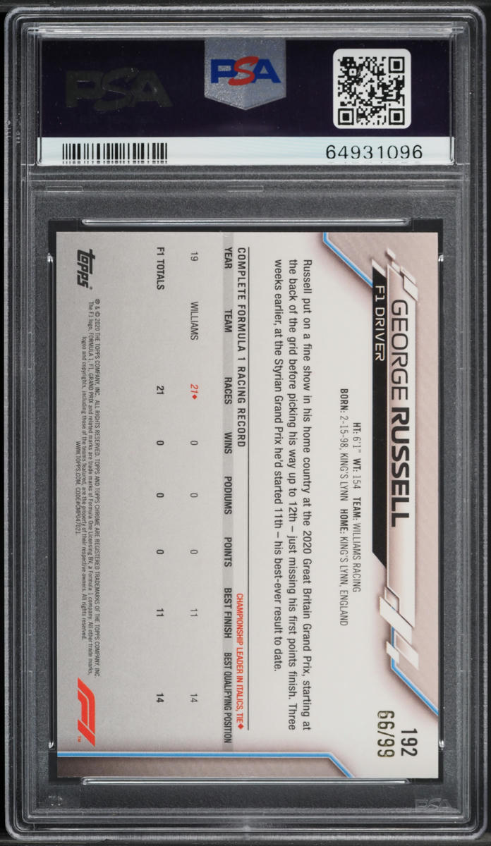 PSA 8 - RC - 66/99 George Russell #192 - Sapphire - Aqua - 2020 Chrome F1