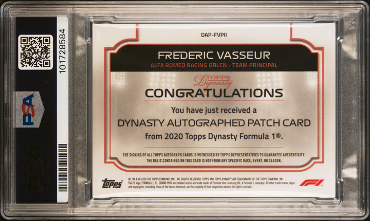 PSA10 - 10/10 Silver - Frederic Vasseur #FVPII - 2020 Dynasty Autograph Patch