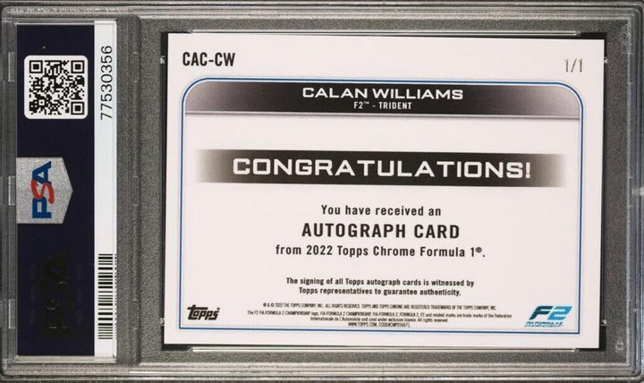 1/1 Calan Williams #CACCW Superfractor Auto - 2022 Topps Chrome F1 PSA9 Auto 9